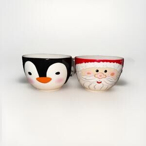Holiday Winter Christmas Bowls Santa And Penguin Set Of 2 EUC